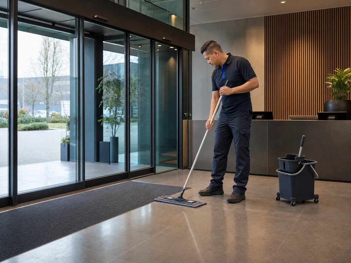 Medewerker reinigt de entree van een modern bedrijfspand