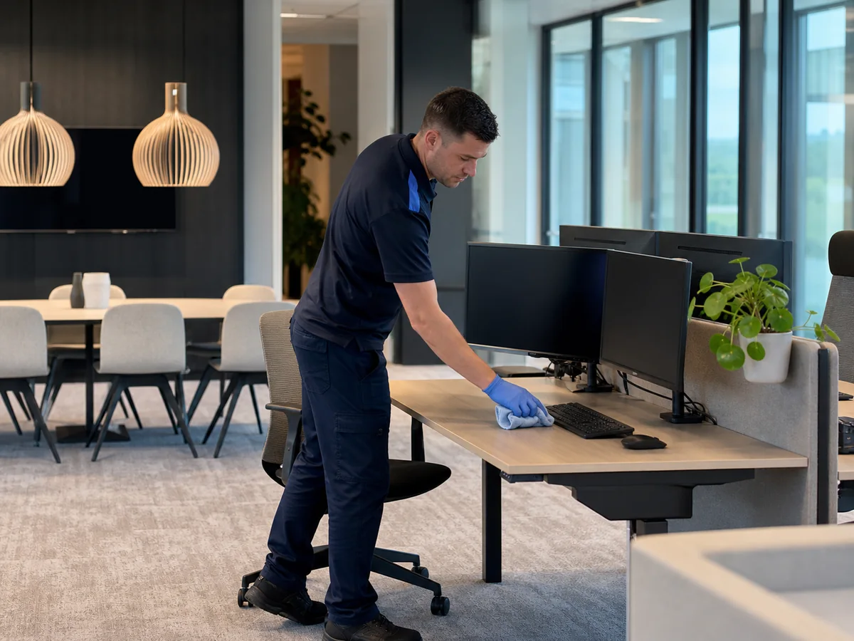 Schoonmaakmedewerker reinigt een moderne kantoorwerkplek